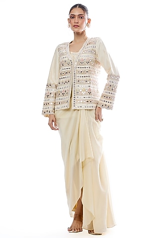 Ivory Crepe Draped Skirt Set by GOPI VAID