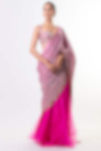 Rani Pink Chiffon & Organza Embroidered Reception Saree Set by GOPI VAID at Pernia's Pop Up Shop