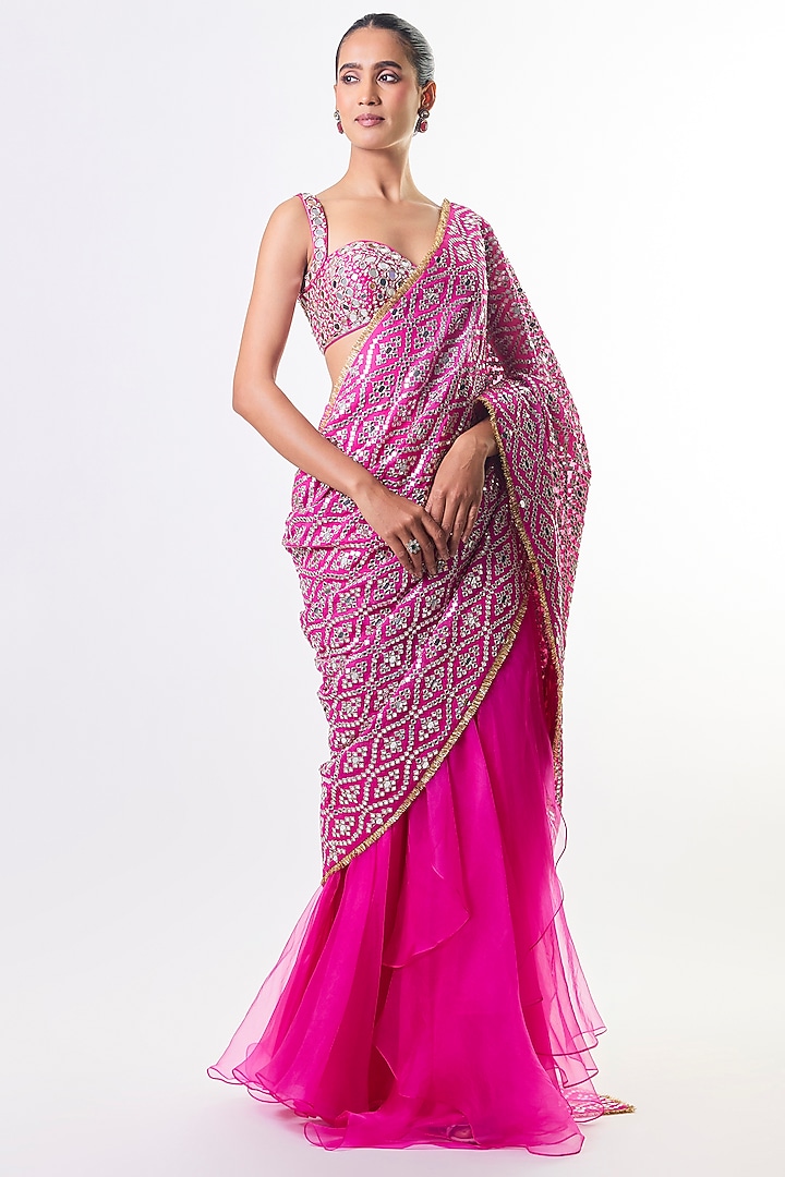 Rani Pink Chiffon & Organza Embroidered Reception Saree Set by GOPI VAID at Pernia's Pop Up Shop