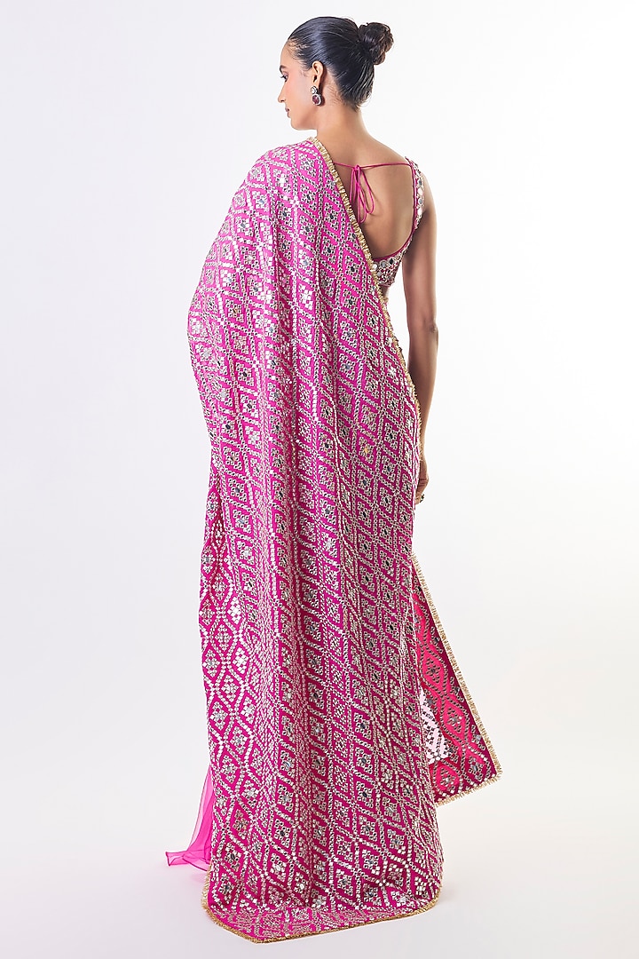Rani Pink Chiffon & Organza Embroidered Reception Saree Set by GOPI VAID at Pernia's Pop Up Shop