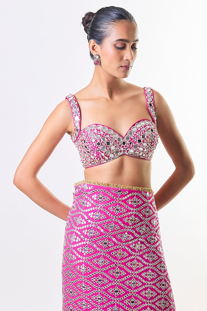 Rani Pink Chiffon & Organza Embroidered Reception Saree Set by GOPI VAID at Pernia's Pop Up Shop