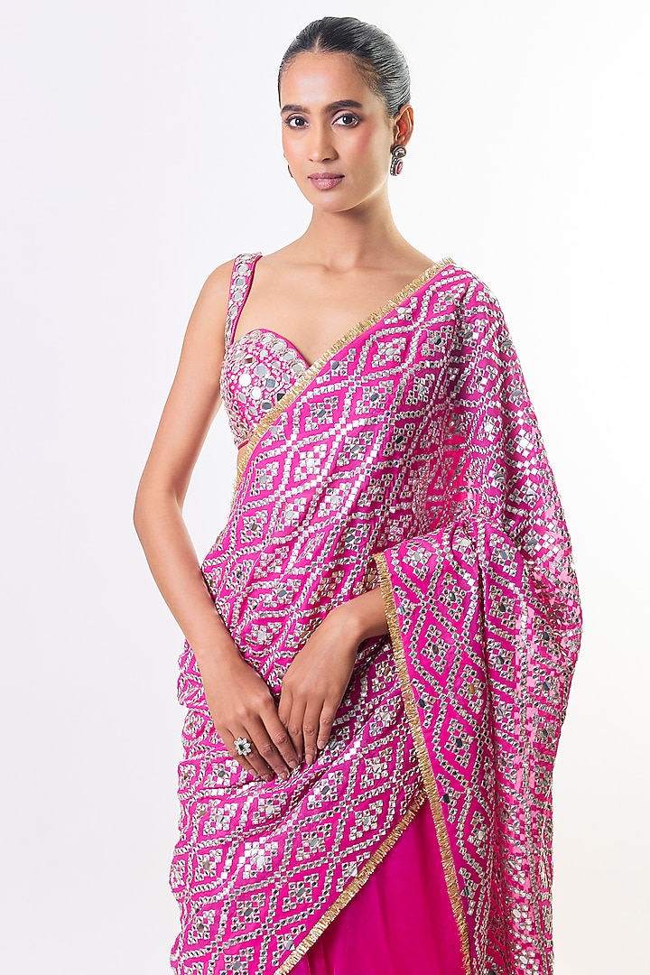 Rani Pink Chiffon & Organza Embroidered Reception Saree Set by GOPI VAID at Pernia's Pop Up Shop