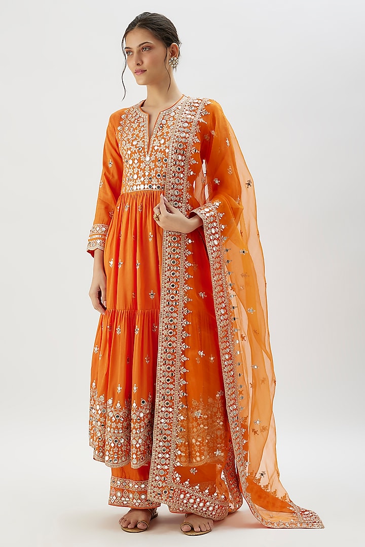 Orange Tussar Mirror Embroidered Flowy Wedding Anarkali Set by Gopi Vaid at Pernia's Pop Up Shop