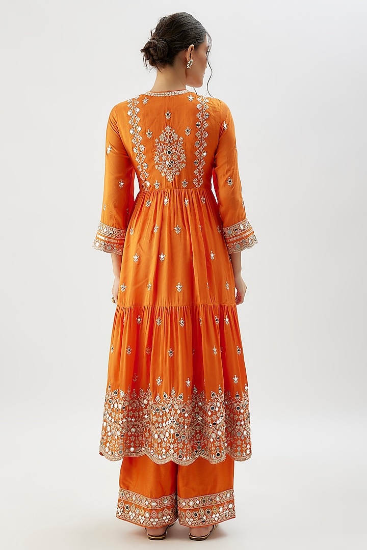 Orange Tussar Mirror Embroidered Flowy Wedding Anarkali Set by Gopi Vaid at Pernia's Pop Up Shop