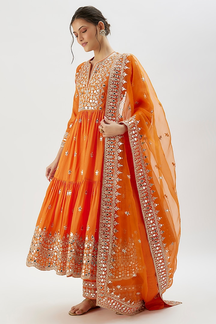Orange Tussar Mirror Embroidered Flowy Wedding Anarkali Set by Gopi Vaid at Pernia's Pop Up Shop
