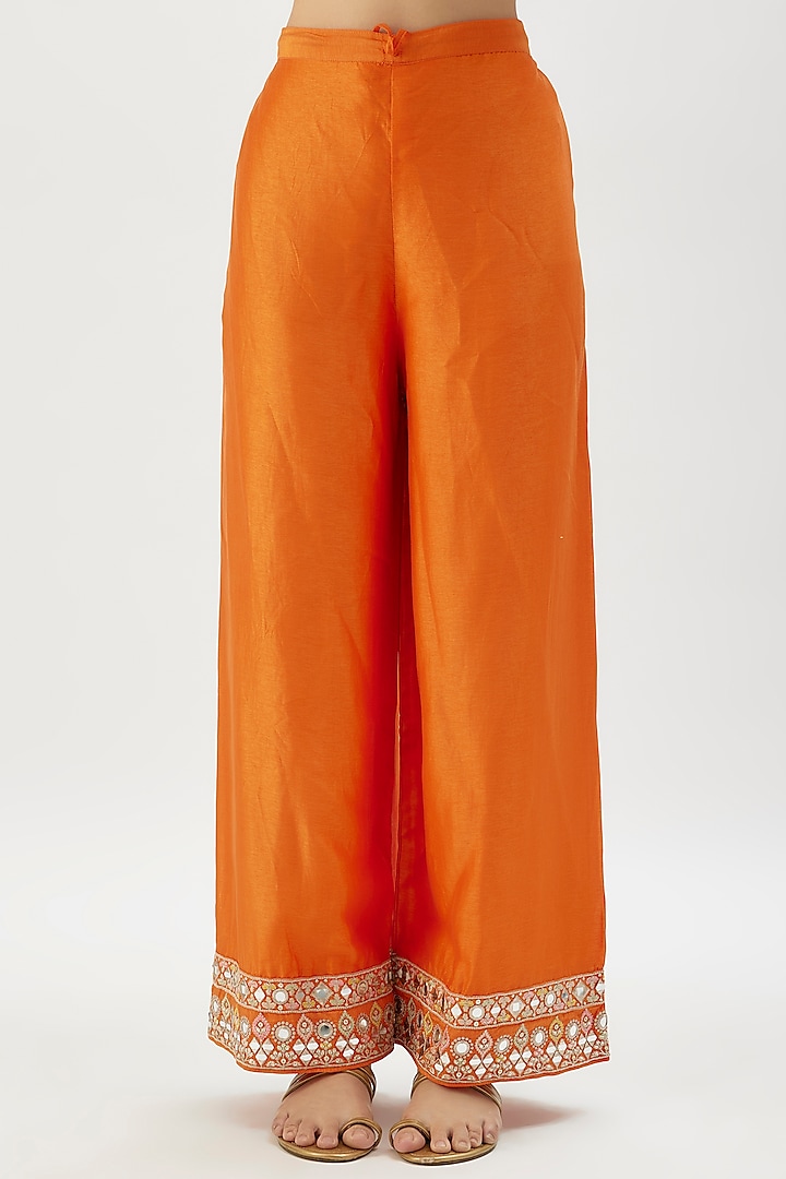 Orange Tussar Mirror Embroidered Flowy Wedding Anarkali Set by Gopi Vaid at Pernia's Pop Up Shop