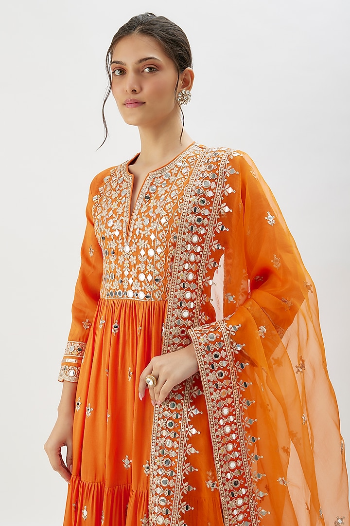 Orange Tussar Mirror Embroidered Flowy Wedding Anarkali Set by Gopi Vaid at Pernia's Pop Up Shop