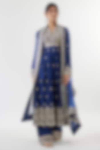 Blue Tussar Mirror Embroidered Flowy Wedding Anarkali Set by Gopi Vaid at Pernia's Pop Up Shop