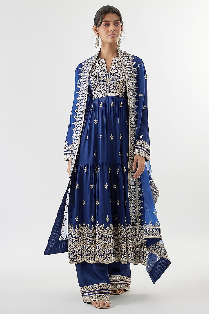 Blue Tussar Mirror Embroidered Flowy Wedding Anarkali Set by Gopi Vaid at Pernia's Pop Up Shop