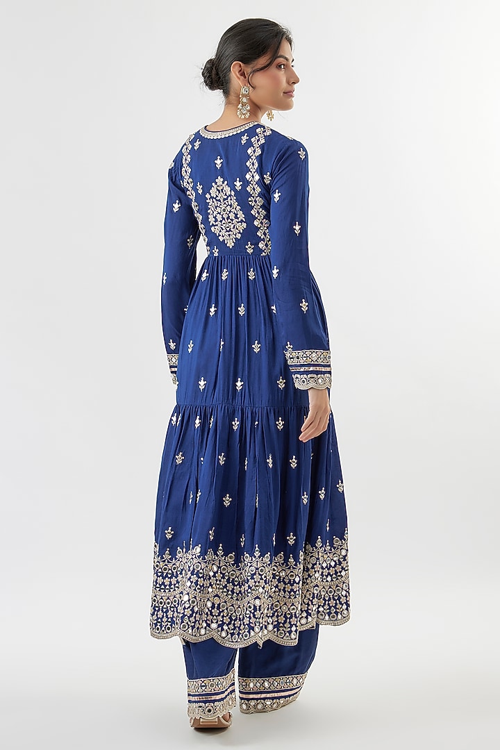 Blue Tussar Mirror Embroidered Flowy Wedding Anarkali Set by Gopi Vaid at Pernia's Pop Up Shop