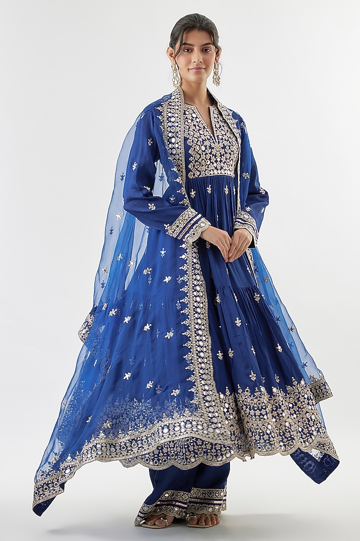 Blue Tussar Mirror Embroidered Flowy Wedding Anarkali Set by Gopi Vaid at Pernia's Pop Up Shop