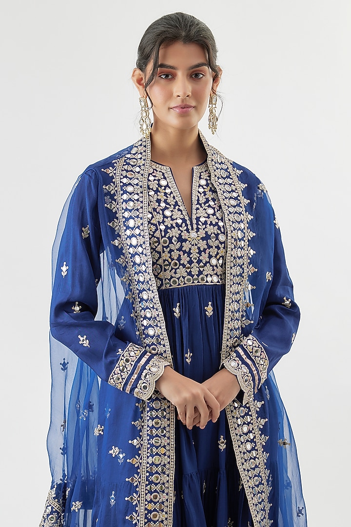 Blue Tussar Mirror Embroidered Flowy Wedding Anarkali Set by Gopi Vaid at Pernia's Pop Up Shop