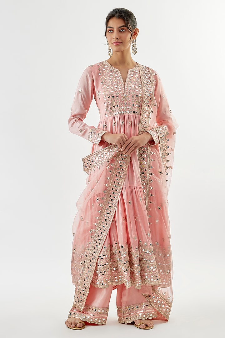 Pink Tussar Mirror Embroidered Flowy Wedding Anarkali Set by Gopi Vaid at Pernia's Pop Up Shop