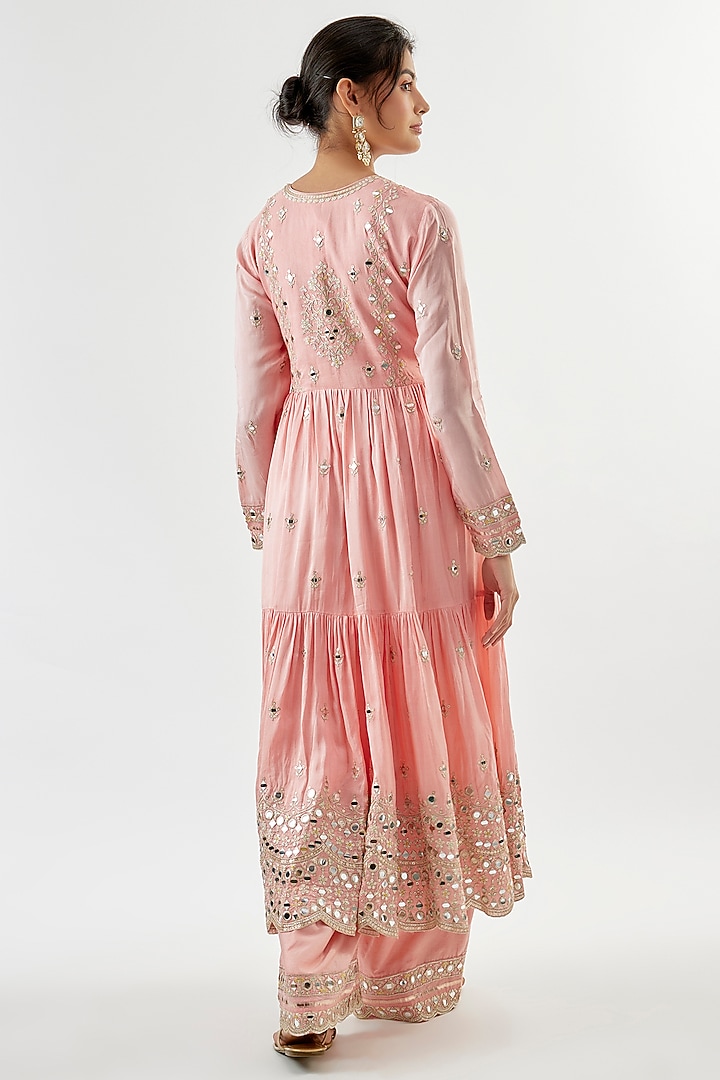 Pink Tussar Mirror Embroidered Flowy Wedding Anarkali Set by Gopi Vaid at Pernia's Pop Up Shop