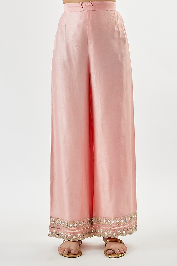 Pink Tussar Mirror Embroidered Flowy Wedding Anarkali Set by Gopi Vaid at Pernia's Pop Up Shop