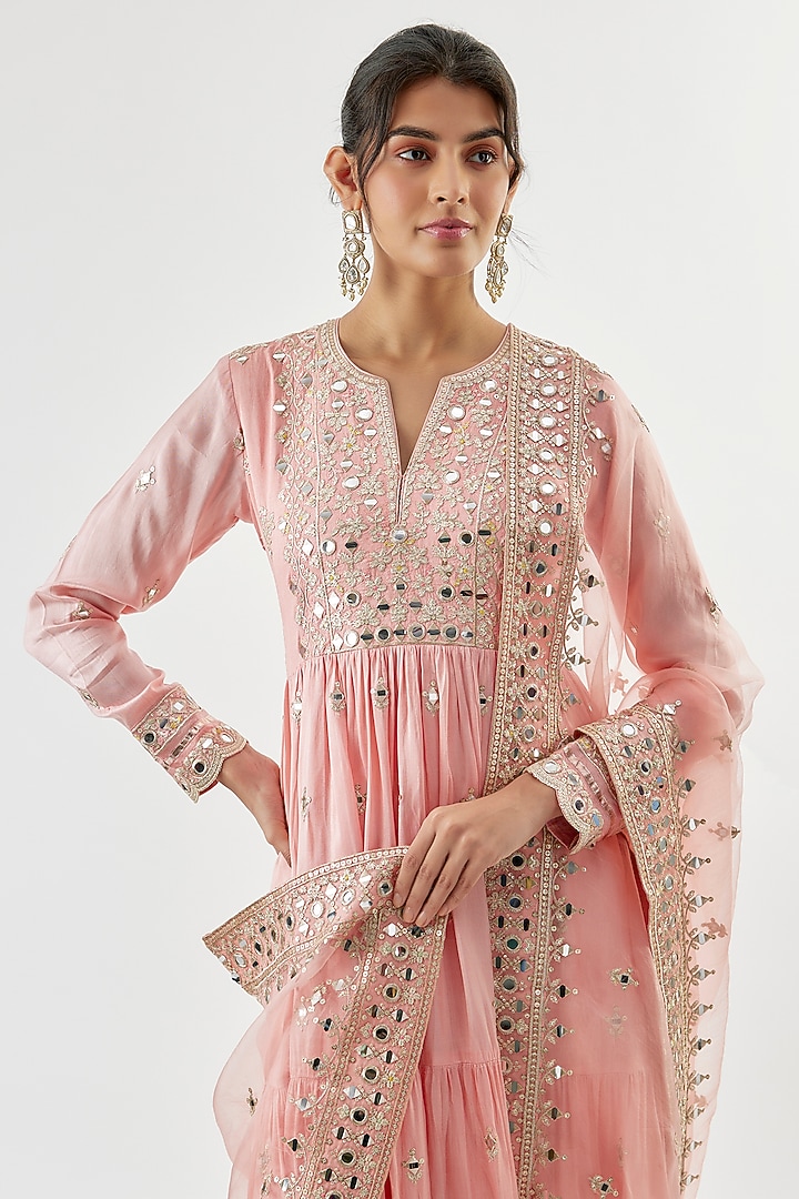 Pink Tussar Mirror Embroidered Flowy Wedding Anarkali Set by Gopi Vaid at Pernia's Pop Up Shop
