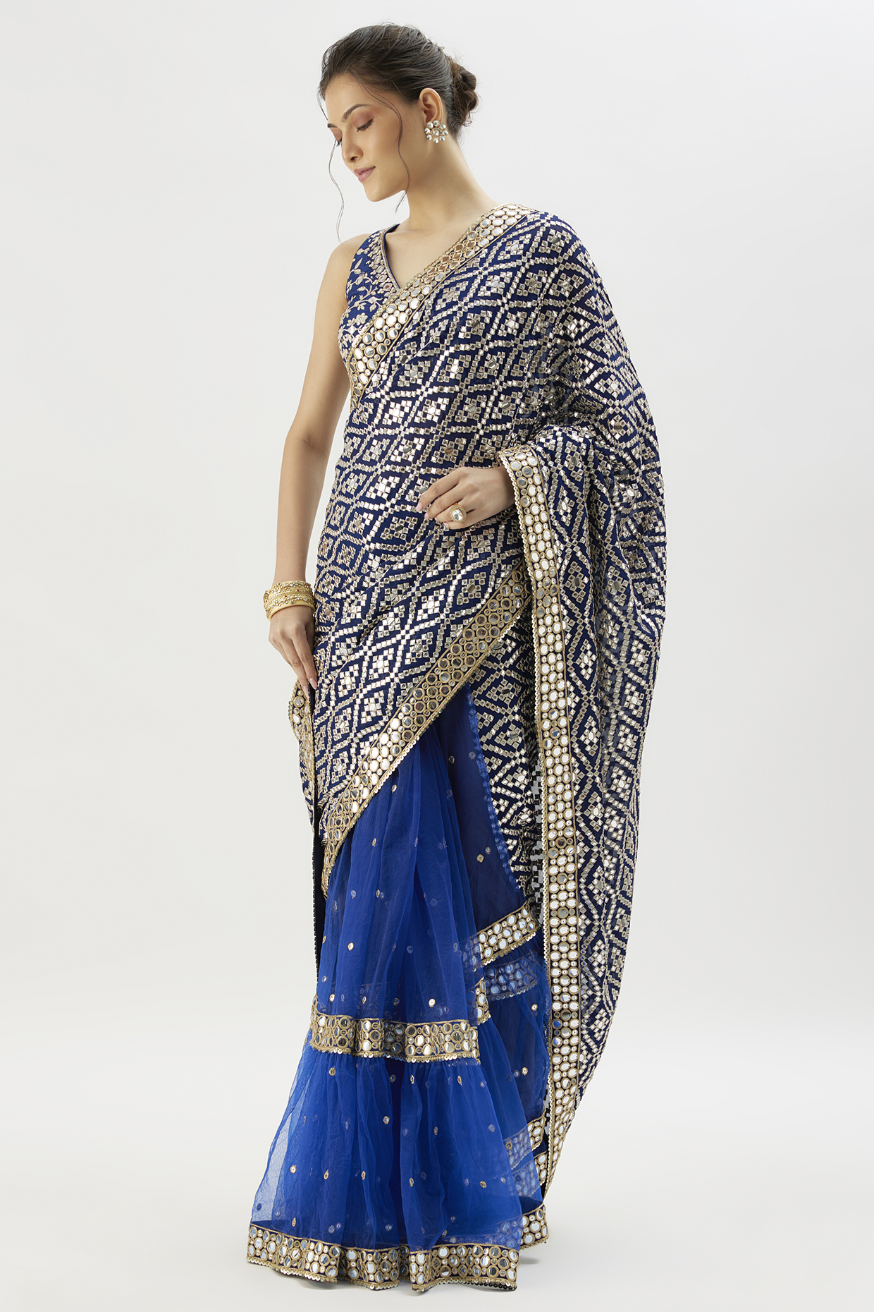 Blue Net Mirror Embellished Wedding Saree Set by Gopi Vaid at Pernia's Pop Up Shop