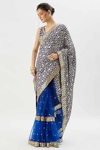 Blue Net Mirror Embellished Saree Set by Gopi Vaid