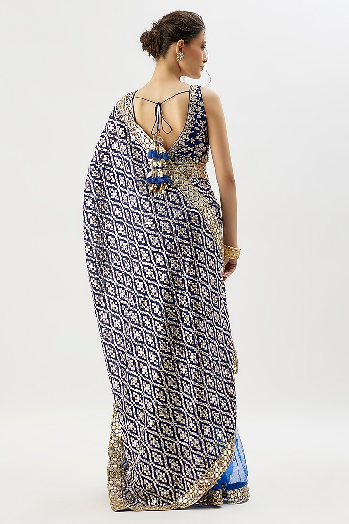 Blue Net Mirror Embellished Wedding Saree Set by Gopi Vaid at Pernia's Pop Up Shop
