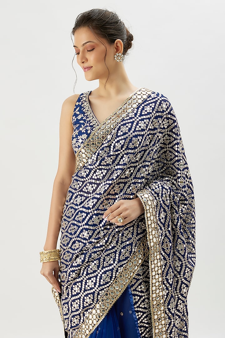 Blue Net Mirror Embellished Wedding Saree Set by Gopi Vaid at Pernia's Pop Up Shop