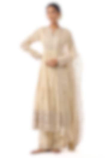 Ivory Tussar Mirror Embroidered Wedding Anarkali Set by GOPI VAID at Pernia's Pop Up Shop