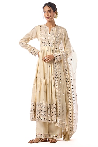 Ivory Tussar Mirror Embroidered Anarkali Set by GOPI VAID