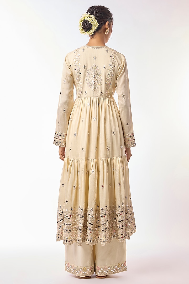 Ivory Tussar Mirror Embroidered Wedding Anarkali Set by GOPI VAID at Pernia's Pop Up Shop