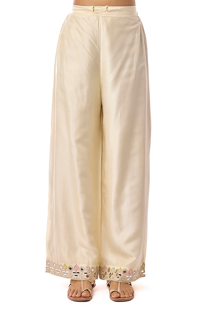 Ivory Tussar Mirror Embroidered Wedding Anarkali Set by GOPI VAID at Pernia's Pop Up Shop