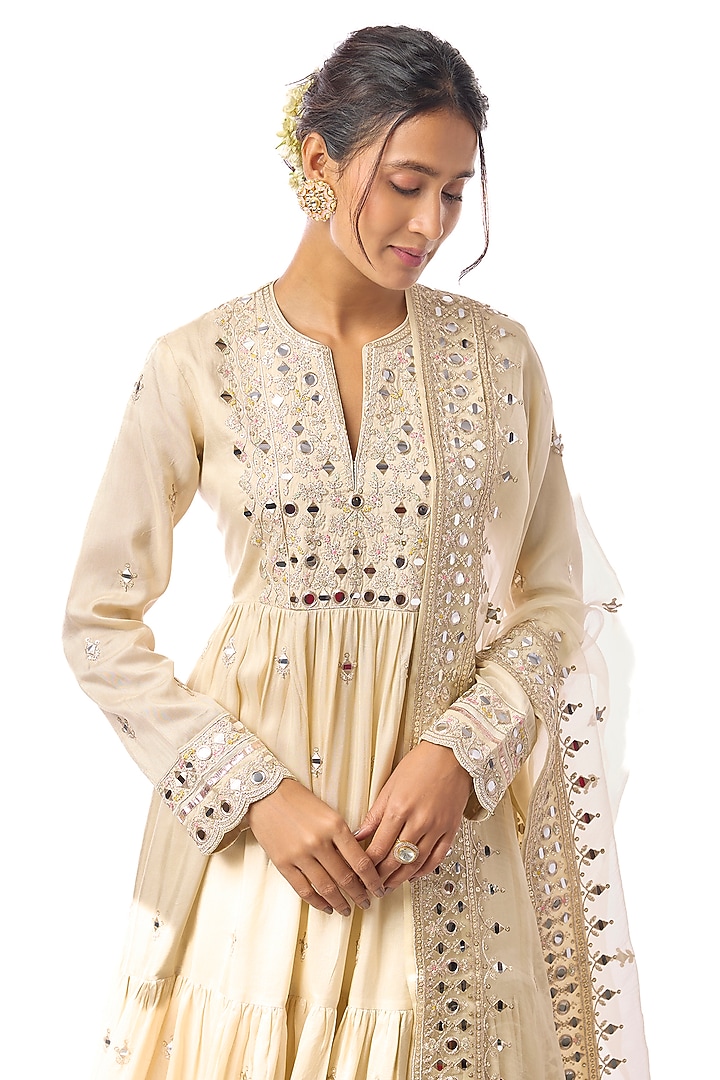 Ivory Tussar Mirror Embroidered Wedding Anarkali Set by GOPI VAID at Pernia's Pop Up Shop
