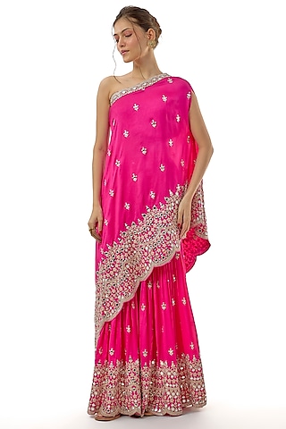 Pink Tussar Mirror Embellished Asymmetric Kurta Set by GOPI VAID
