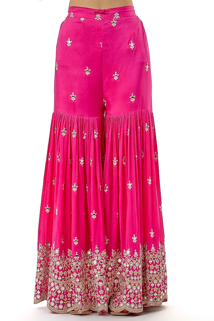Pink Tussar Mirror Embellished Asymmetric Kurta Set by GOPI VAID at Pernia's Pop Up Shop