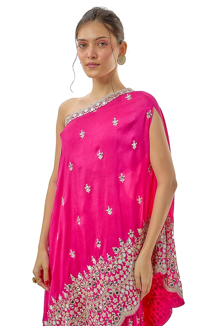Pink Tussar Mirror Embellished Asymmetric Kurta Set by GOPI VAID at Pernia's Pop Up Shop
