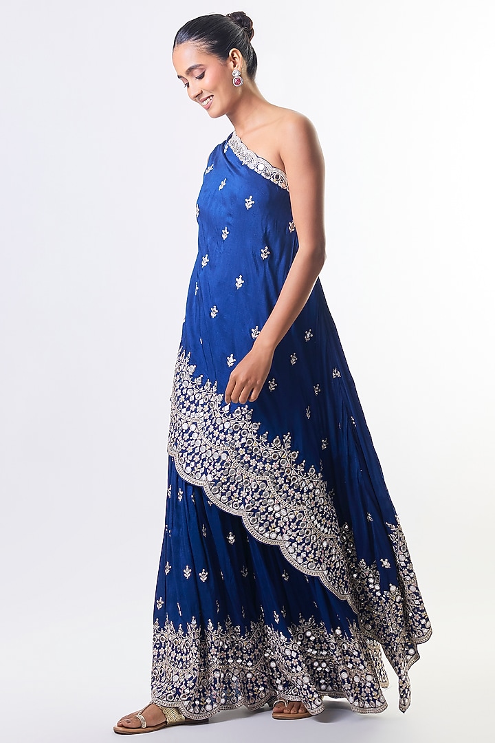 Electric Blue Tussar Mirror Embroidered Wedding Sharara Set by GOPI VAID at Pernia's Pop Up Shop