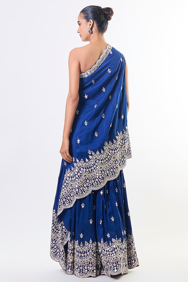Electric Blue Tussar Mirror Embroidered Wedding Sharara Set by GOPI VAID at Pernia's Pop Up Shop
