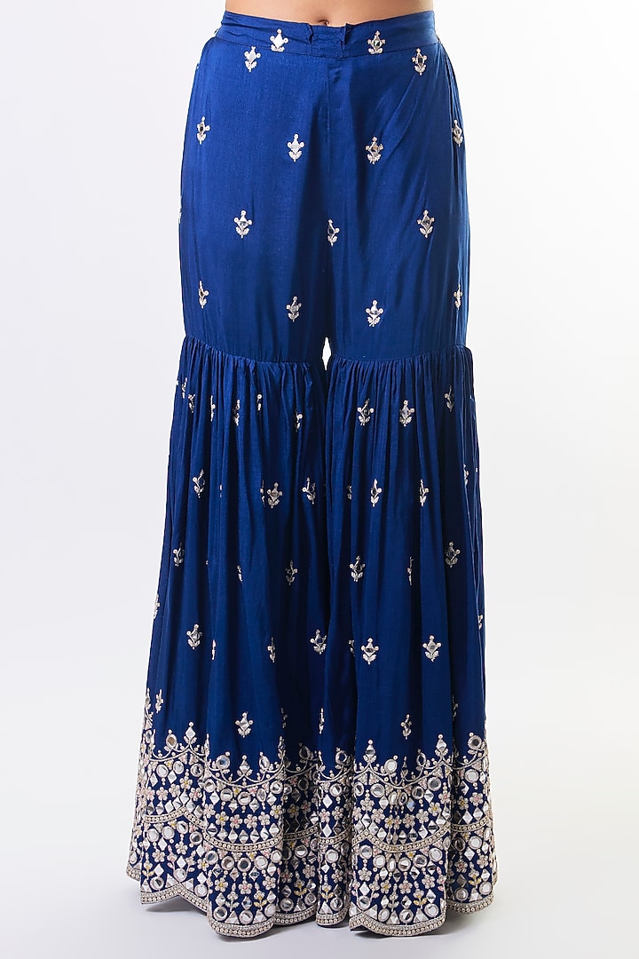 Electric Blue Tussar Mirror Embroidered Wedding Sharara Set by GOPI VAID at Pernia's Pop Up Shop