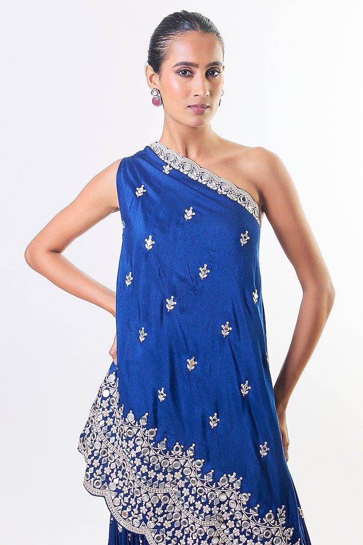 Electric Blue Tussar Mirror Embroidered Wedding Sharara Set by GOPI VAID at Pernia's Pop Up Shop