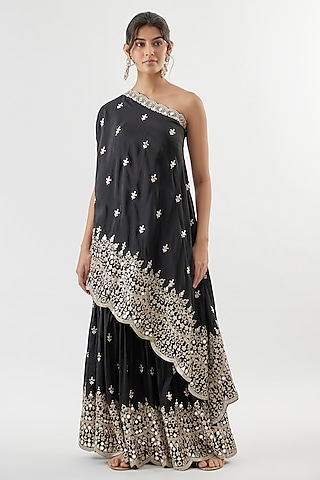 Black Tussar Mirror Embroidered Asymmetric Kurta Set by Gopi Vaid