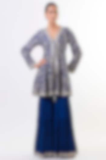 Electric Blue Georgette Mirror Embroidered Wedding Sharara Set by GOPI VAID at Pernia's Pop Up Shop