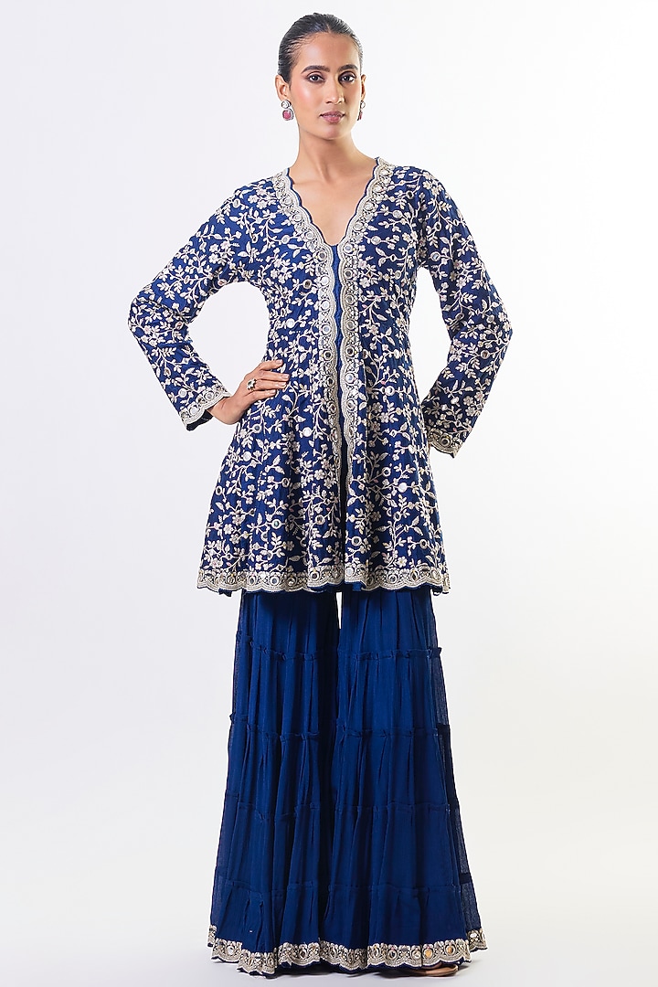Electric Blue Georgette Mirror Embroidered Wedding Sharara Set by GOPI VAID at Pernia's Pop Up Shop
