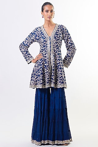 Electric Blue Georgette Mirror Embroidered Sharara Set by GOPI VAID