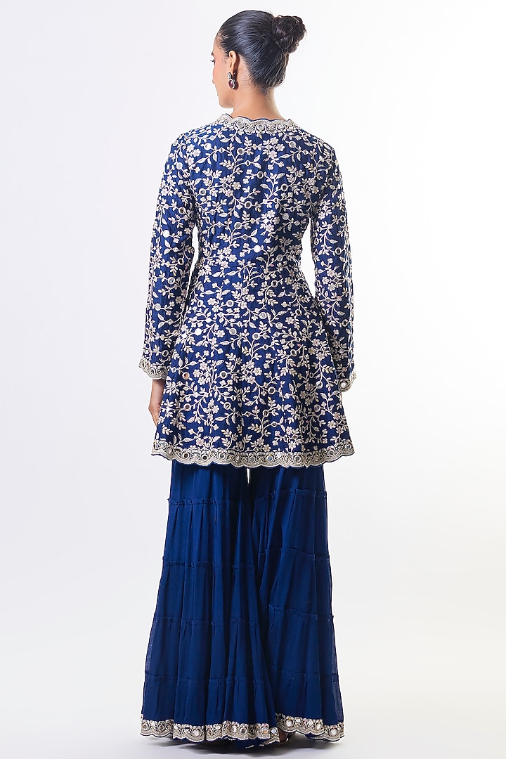 Electric Blue Georgette Mirror Embroidered Wedding Sharara Set by GOPI VAID at Pernia's Pop Up Shop