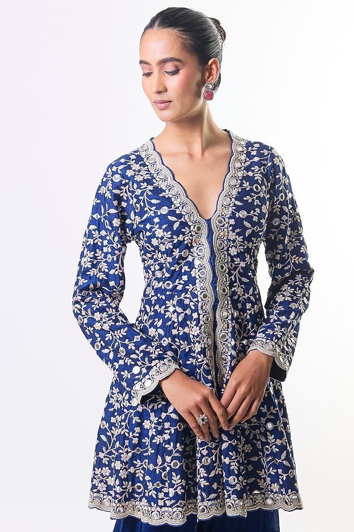 Electric Blue Georgette Mirror Embroidered Wedding Sharara Set by GOPI VAID at Pernia's Pop Up Shop
