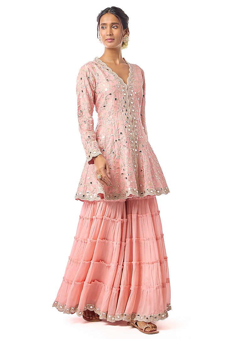 Pink Chiffon Tiered Wedding Sharara Set by GOPI VAID at Pernia's Pop Up Shop