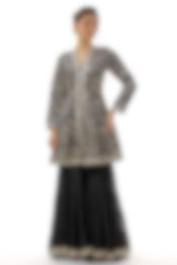 Black Chiffon Mirror Embroidered Tiered Wedding Sharara Set by GOPI VAID at Pernia's Pop Up Shop