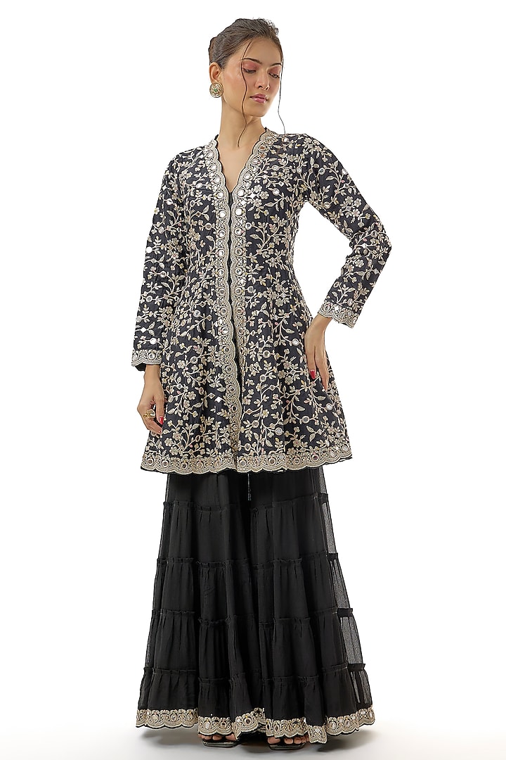 Black Chiffon Mirror Embroidered Tiered Wedding Sharara Set by GOPI VAID at Pernia's Pop Up Shop