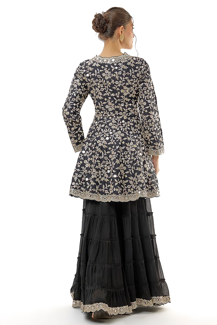 Black Chiffon Mirror Embroidered Tiered Wedding Sharara Set by GOPI VAID at Pernia's Pop Up Shop