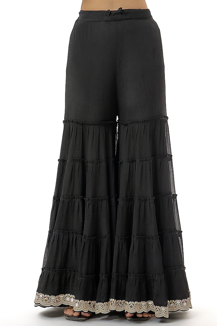 Black Chiffon Mirror Embroidered Tiered Wedding Sharara Set by GOPI VAID at Pernia's Pop Up Shop