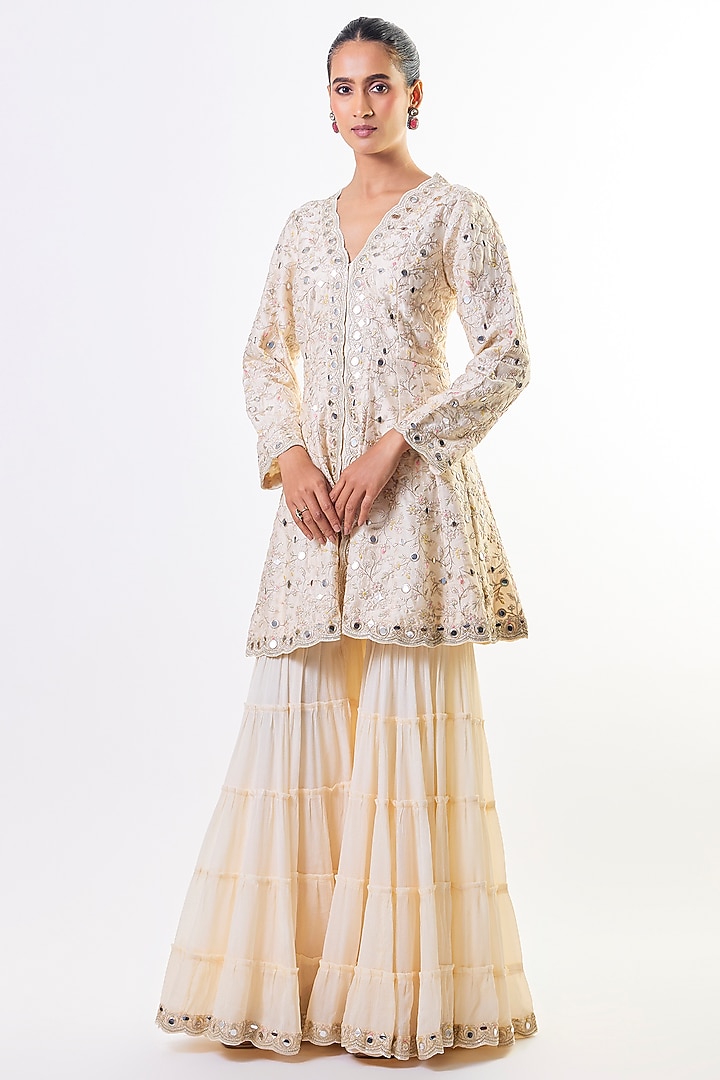 Ivory Chiffon Embellished Tiered Wedding Sharara Set by GOPI VAID at Pernia's Pop Up Shop