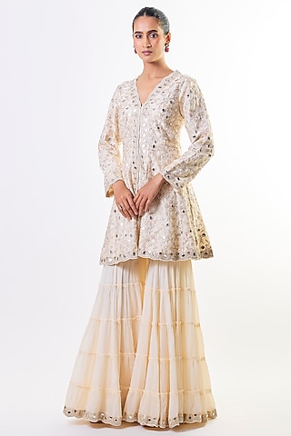 Ivory Chiffon Embellished Tiered Sharara Set by GOPI VAID