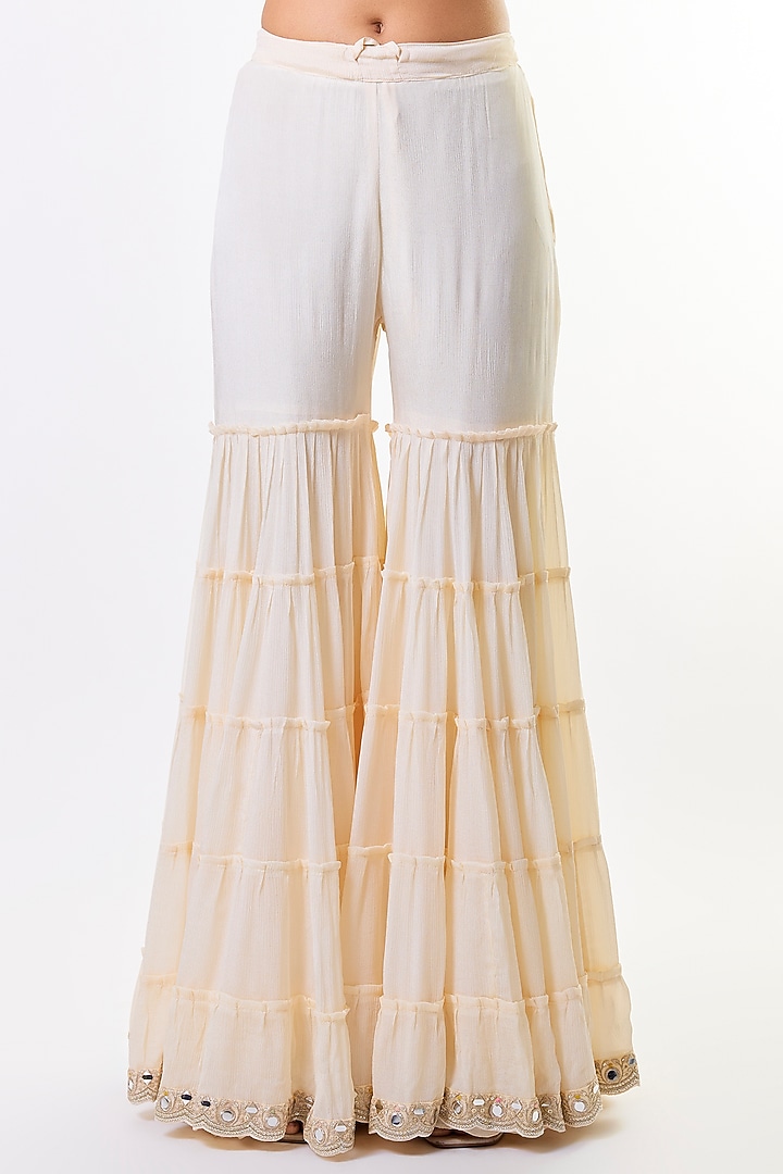 Ivory Chiffon Embellished Tiered Wedding Sharara Set by GOPI VAID at Pernia's Pop Up Shop